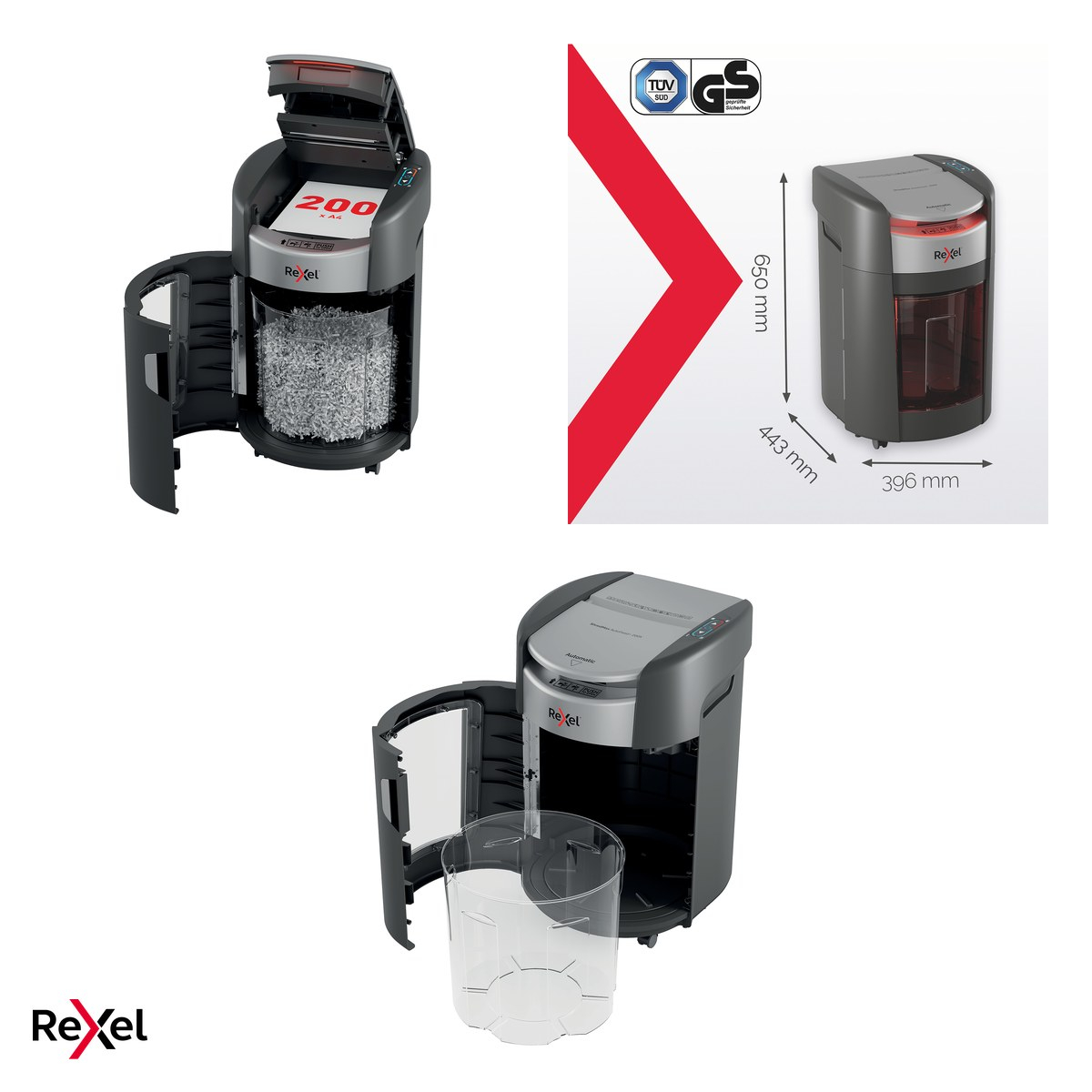 Distrugator de documente Rexel ShredMax 200X automat, taiere cross-cut P-4 Flat Cut, 200 coli automat si 8 manual, cos rotativ de 21 l, functionare continua 30 de minute [5]