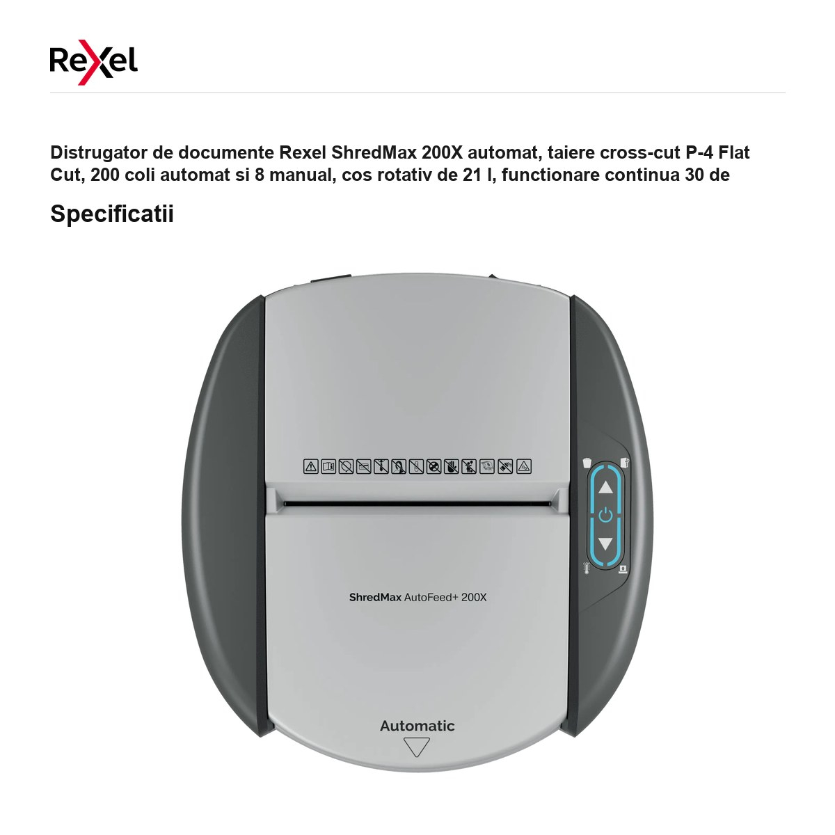 Distrugator de documente Rexel ShredMax 200X automat, taiere cross-cut P-4 Flat Cut, 200 coli automat si 8 manual, cos rotativ de 21 l, functionare continua 30 de minute [3]