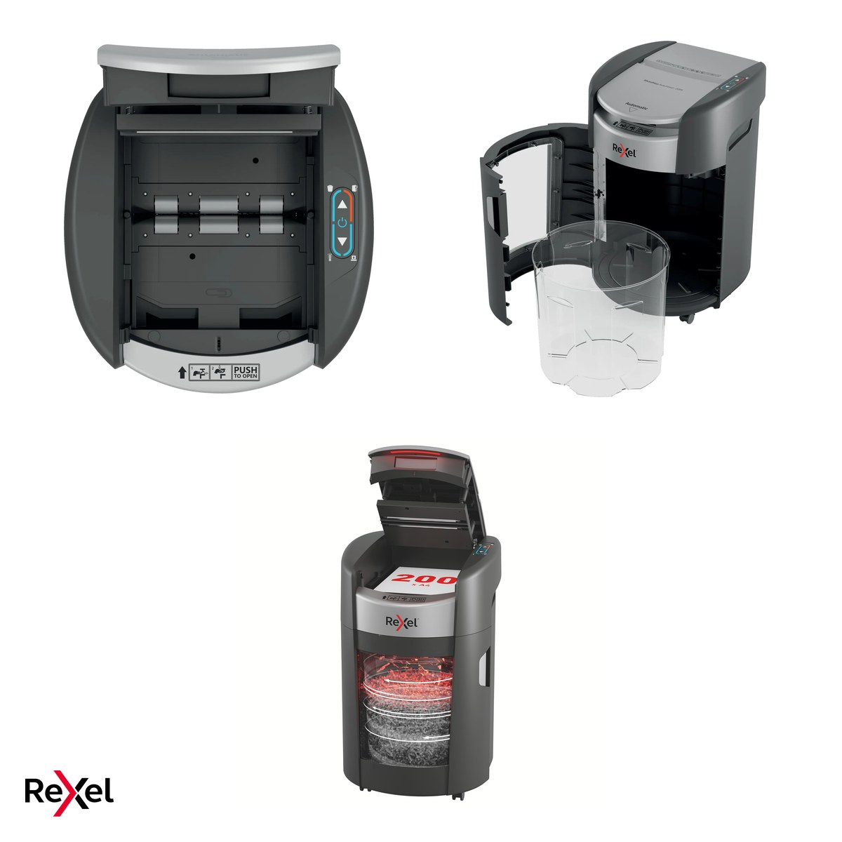 Distrugator de documente Rexel ShredMax 200X automat, taiere cross-cut P-4 Flat Cut, 200 coli automat si 8 manual, cos rotativ de 21 l, functionare continua 30 de minute [4]