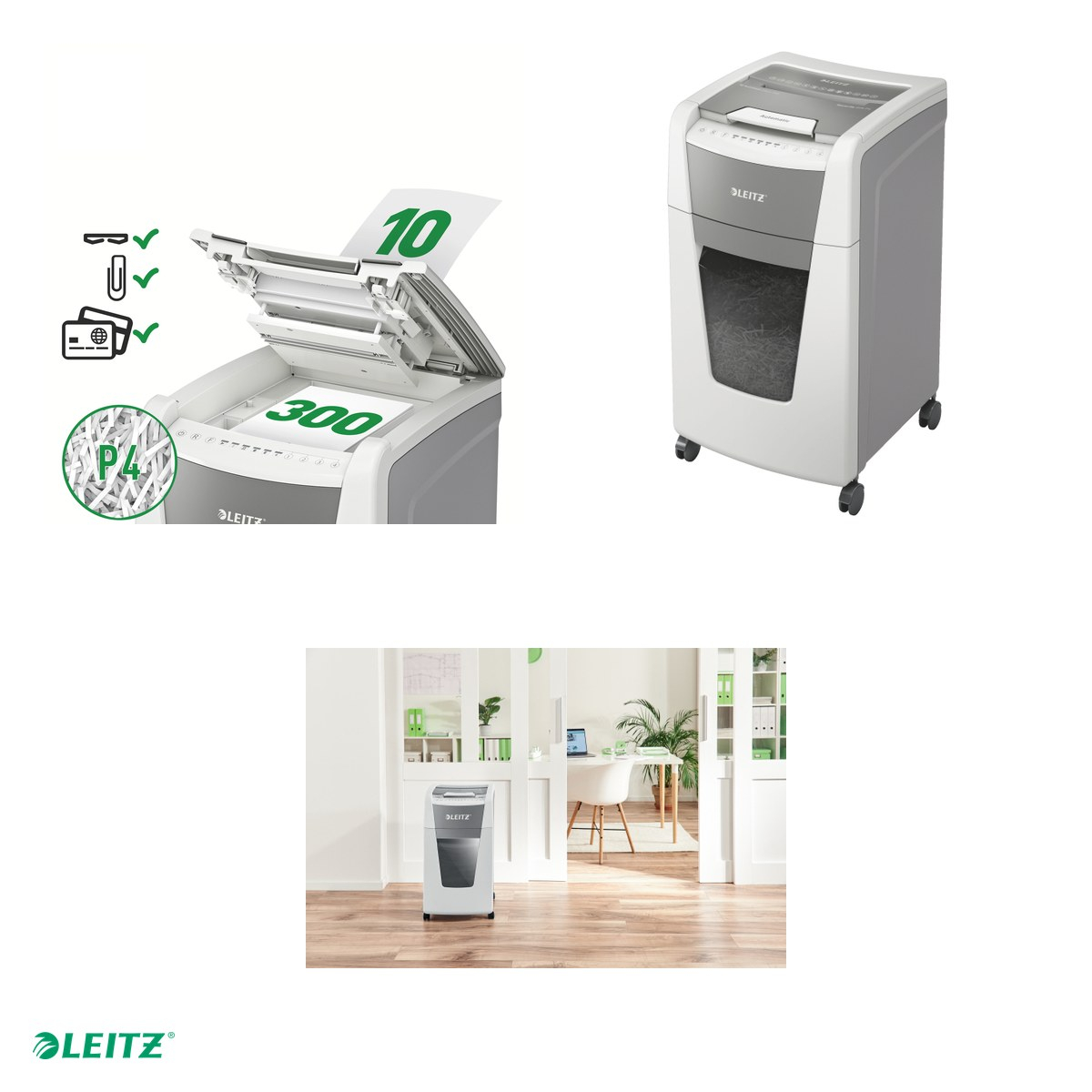 Distrugator documente automat Leitz IQ Office, P4, cross-cut (confeti), taiere 300 coli, cos 60l, alb [4]