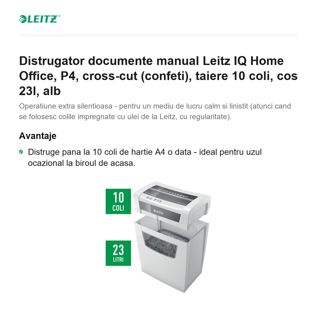 Distrugator documente manual Leitz IQ Home Office, P4, cross-cut (confeti), taiere 10 coli, cos 23l, alb [2]