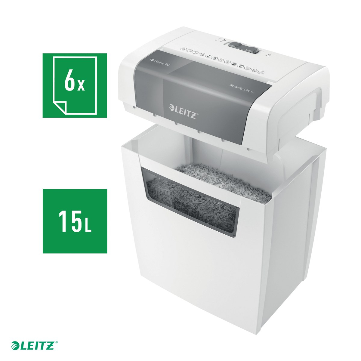 Distrugator documente manual Leitz IQ Home, P4, cross-cut (confeti), taiere 6 coli, cos 15l, alb [5]
