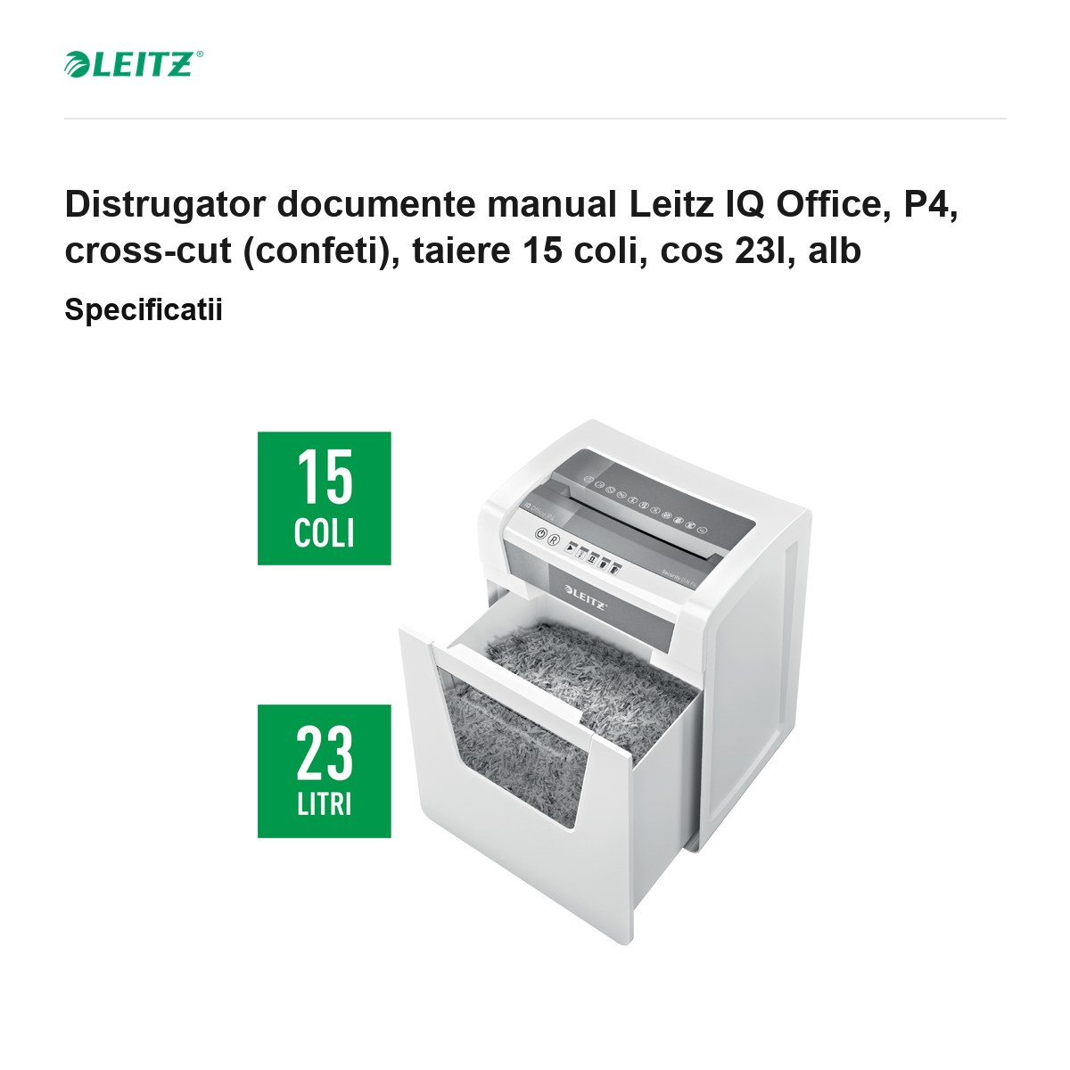 Distrugator documente manual Leitz IQ Office, P4, cross-cut (confeti), taiere 15 coli, cos 23l, alb [3]