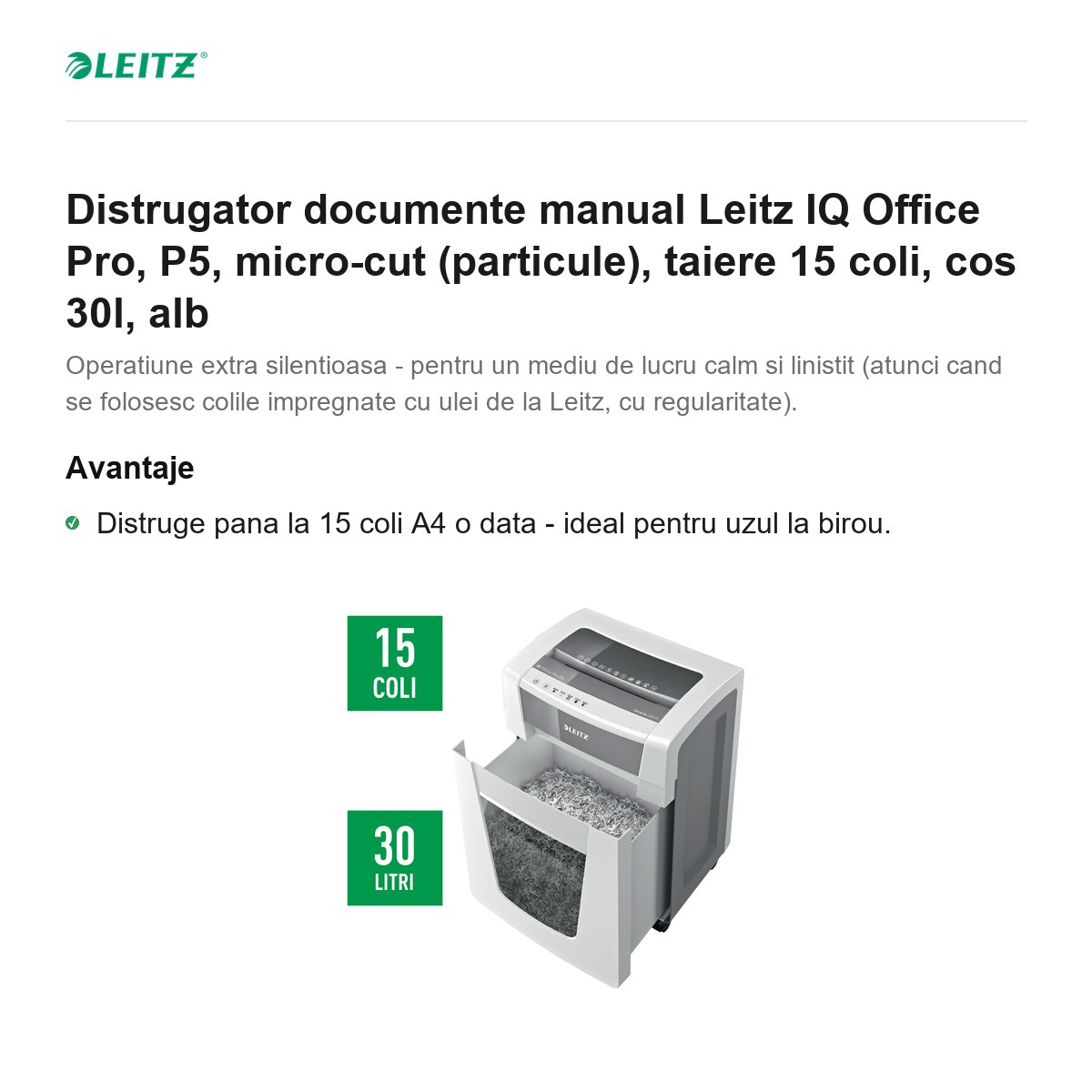 Distrugator documente manual Leitz IQ Office Pro, P5, micro-cut (particule), taiere 15 coli, cos 30l, alb [2]