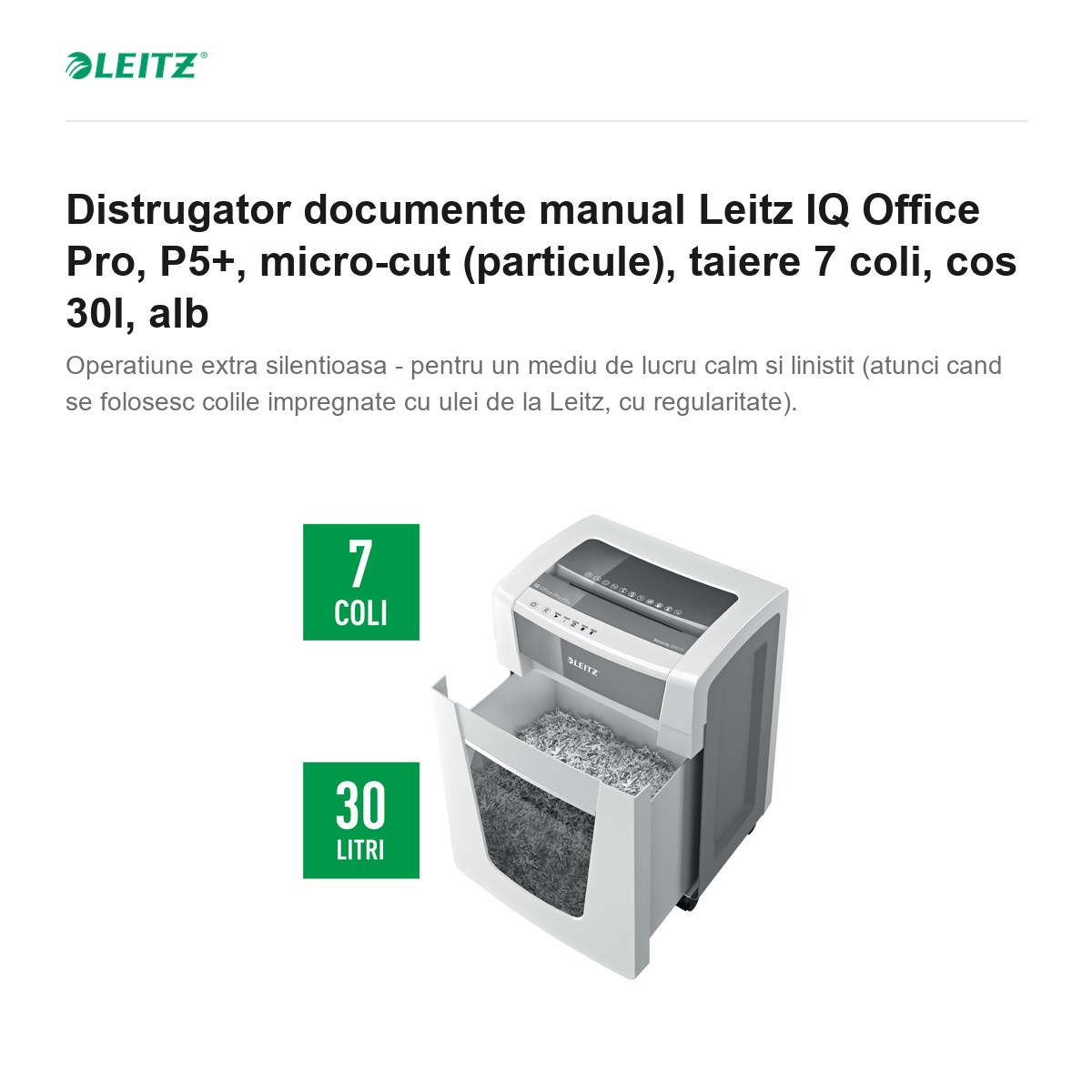 Distrugator documente manual Leitz IQ Office Pro, P5+, micro-cut (particule), taiere 7 coli, cos 30l, alb [2]