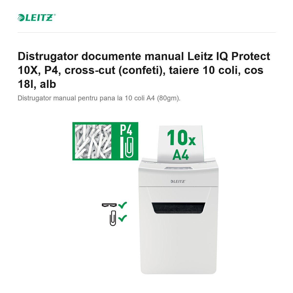 Distrugator documente manual Leitz IQ Protect 10X, P4, cross-cut (confeti), taiere 10 coli, cos 18l, alb [2]