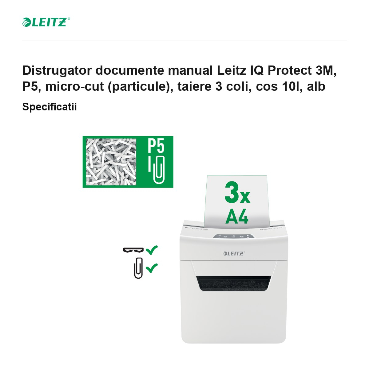 Distrugator documente manual Leitz IQ Protect 3M, P5, micro-cut (particule), taiere 3 coli, cos 10l, alb [3]