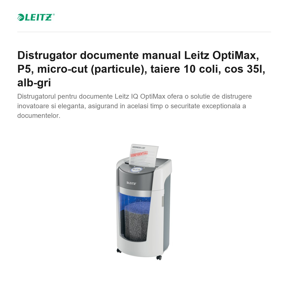Distrugator documente manual Leitz OptiMax, P5, micro-cut (particule), taiere 10 coli, cos 35l, alb-gri [2]