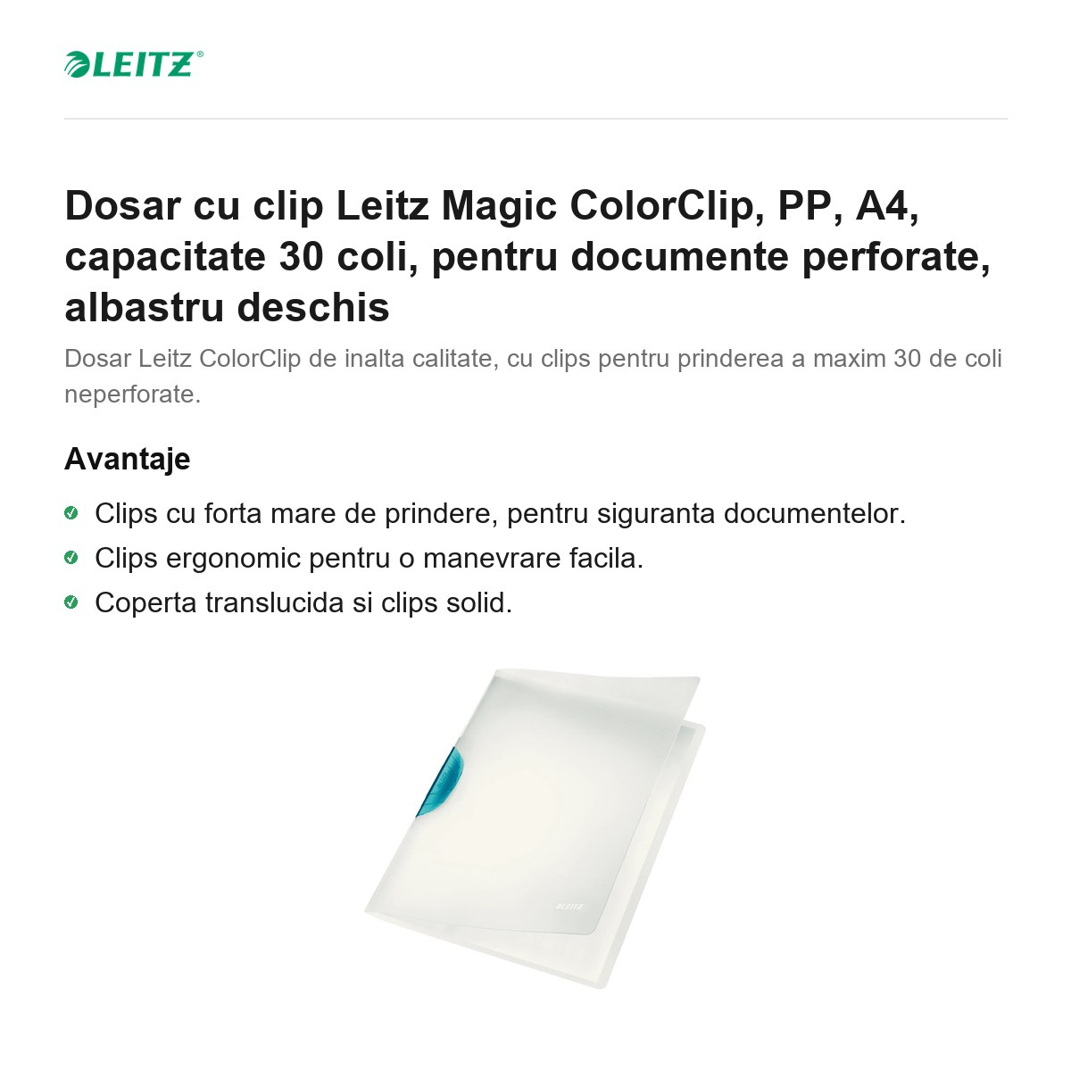 Dosar cu clip Leitz Magic ColorClip, PP, A4, capacitate 30 coli, pentru documente perforate, albastru deschis [2]