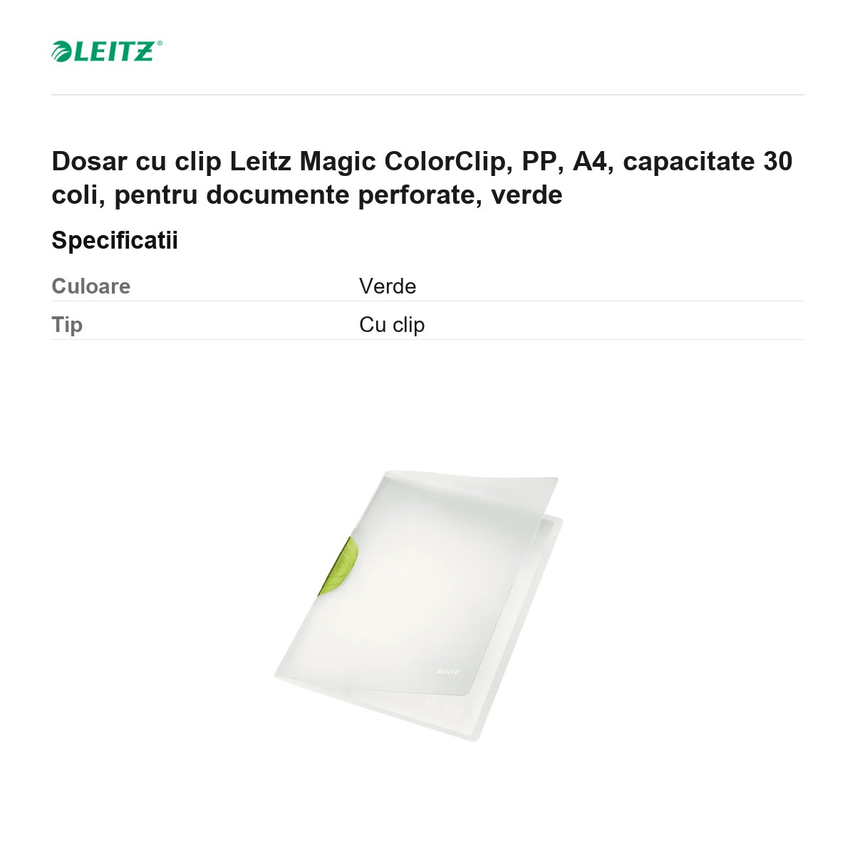 Dosar cu clip Leitz Magic ColorClip, PP, A4, capacitate 30 coli, pentru documente perforate, verde [3]