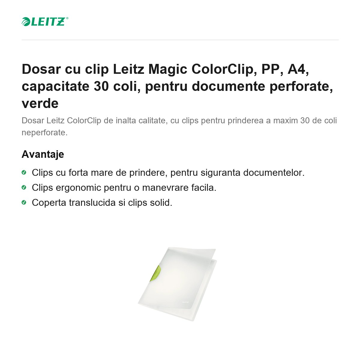Dosar cu clip Leitz Magic ColorClip, PP, A4, capacitate 30 coli, pentru documente perforate, verde [2]