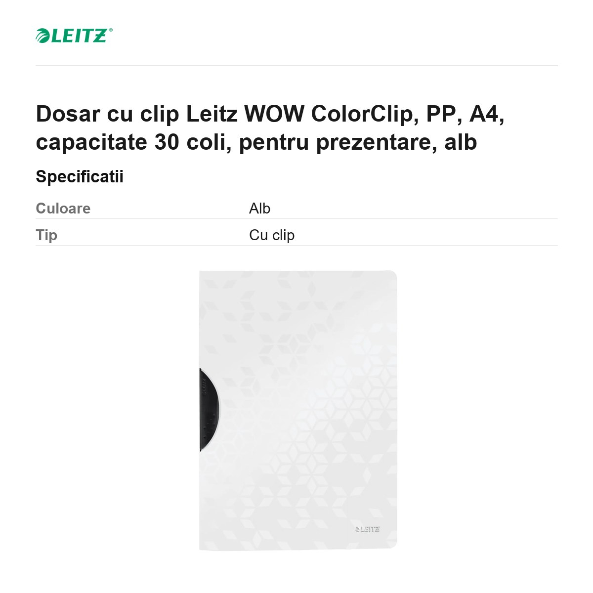 Dosar cu clip Leitz WOW ColorClip, PP, A4, capacitate 30 coli, pentru prezentare, alb [3]