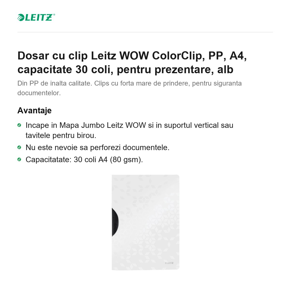 Dosar cu clip Leitz WOW ColorClip, PP, A4, capacitate 30 coli, pentru prezentare, alb [2]