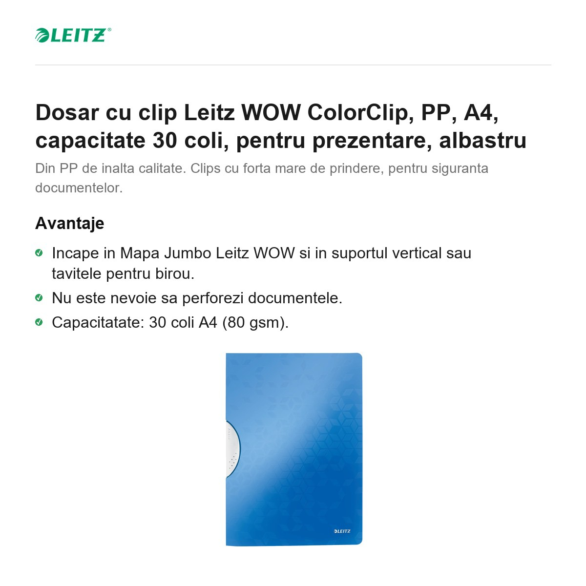Dosar cu clip Leitz WOW ColorClip, PP, A4, capacitate 30 coli, pentru prezentare, albastru [2]