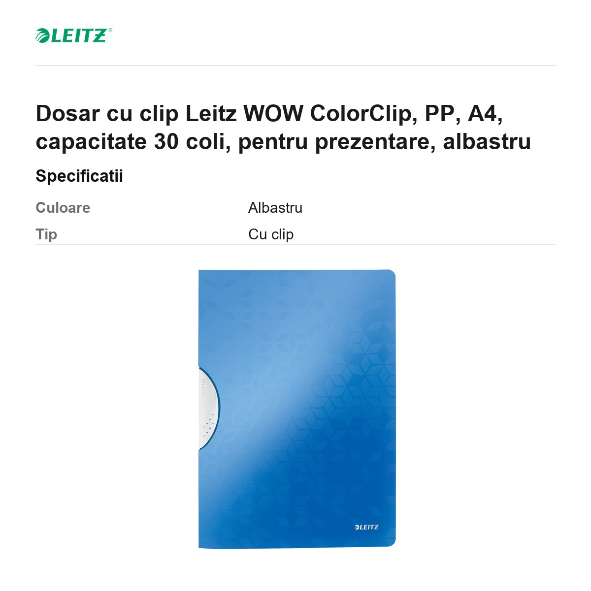 Dosar cu clip Leitz WOW ColorClip, PP, A4, capacitate 30 coli, pentru prezentare, albastru [3]
