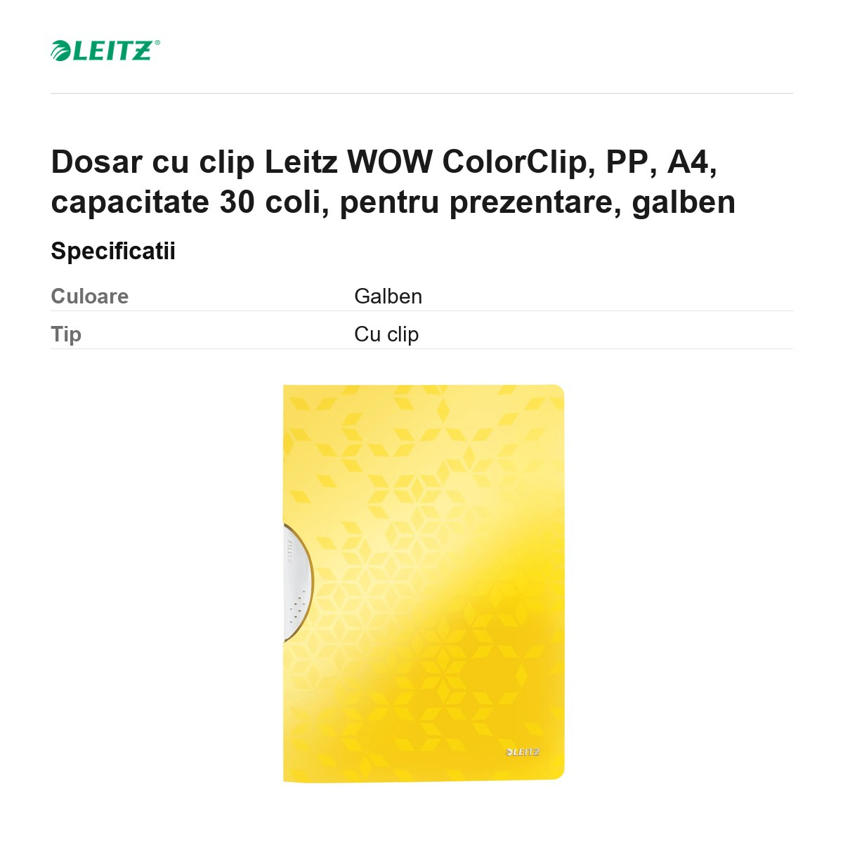 Dosar cu clip Leitz WOW ColorClip, PP, A4, capacitate 30 coli, pentru prezentare, galben [3]