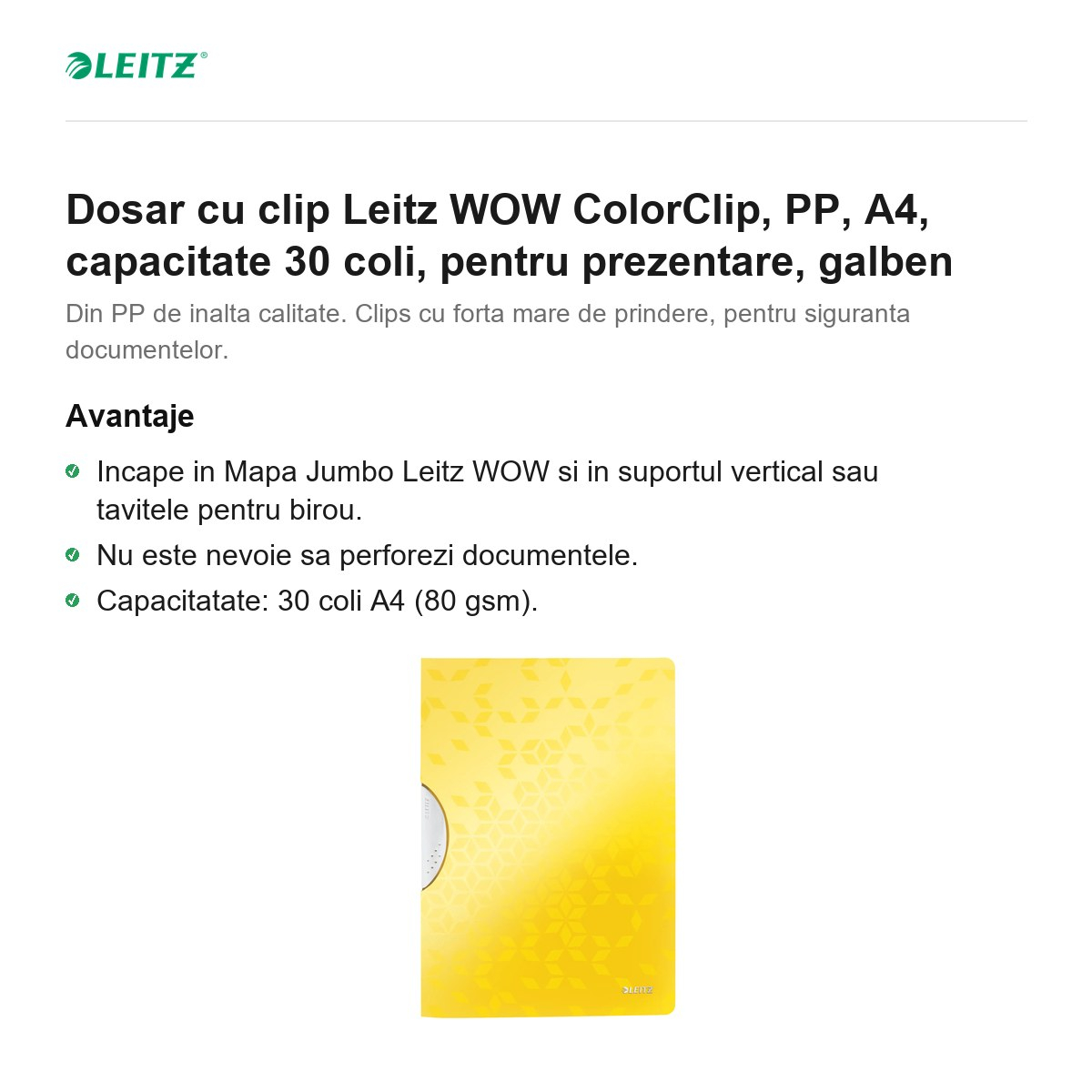 Dosar cu clip Leitz WOW ColorClip, PP, A4, capacitate 30 coli, pentru prezentare, galben [2]