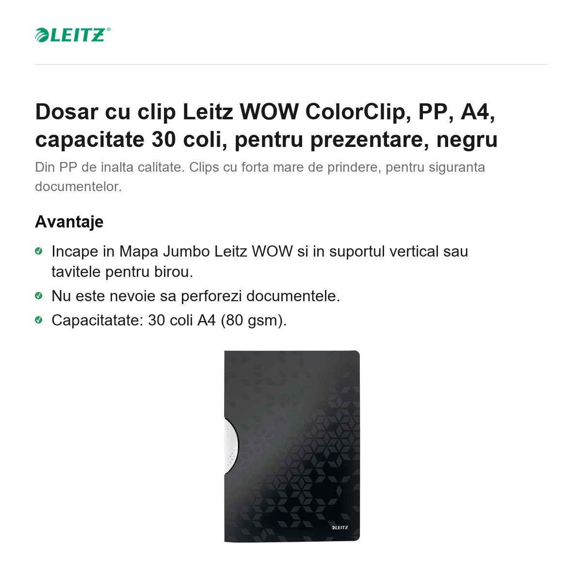 Dosar cu clip Leitz WOW ColorClip, PP, A4, capacitate 30 coli, pentru prezentare, negru [2]