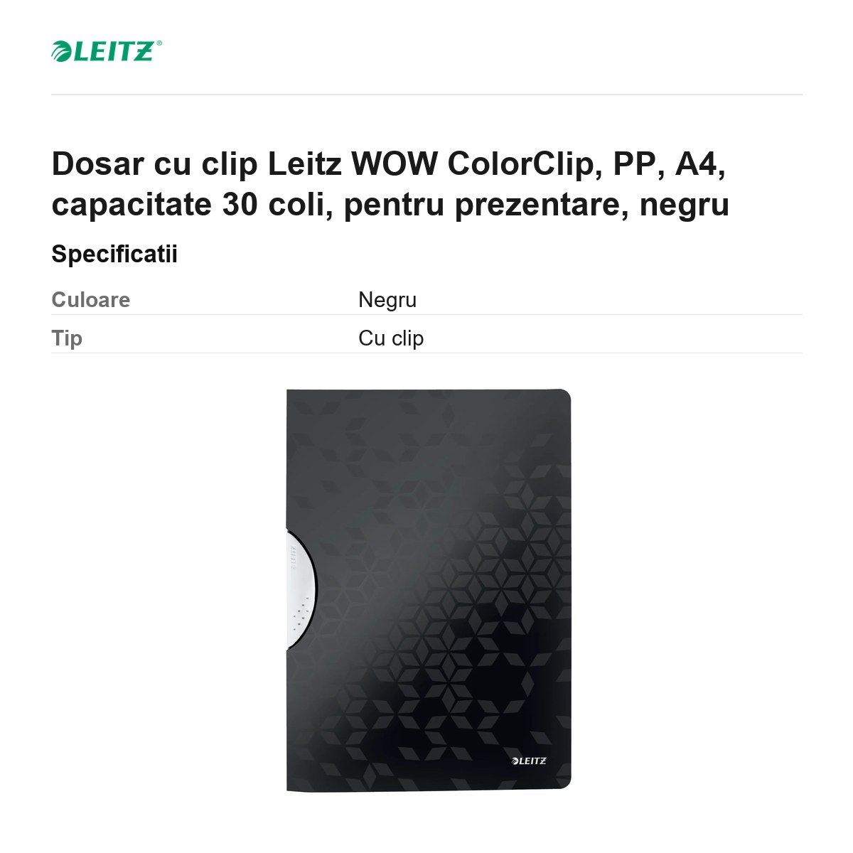 Dosar cu clip Leitz WOW ColorClip, PP, A4, capacitate 30 coli, pentru prezentare, negru [3]