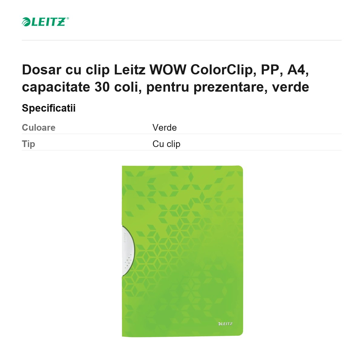 Dosar cu clip Leitz WOW ColorClip, PP, A4, capacitate 30 coli, pentru prezentare, verde [3]