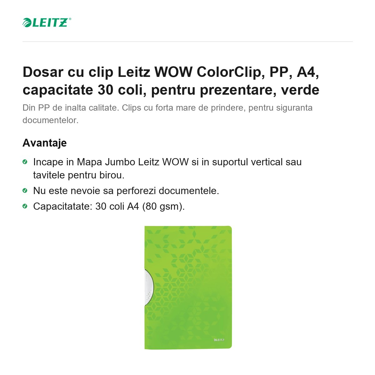 Dosar cu clip Leitz WOW ColorClip, PP, A4, capacitate 30 coli, pentru prezentare, verde [2]