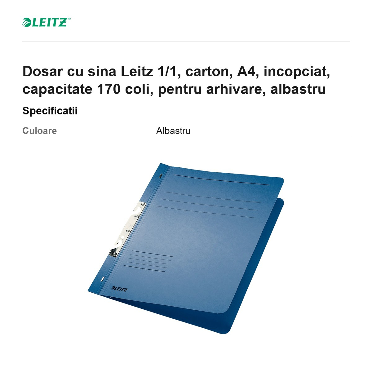 Dosar cu sina Leitz 1/1, carton, A4, incopciat, capacitate 170 coli, pentru arhivare, albastru [3]