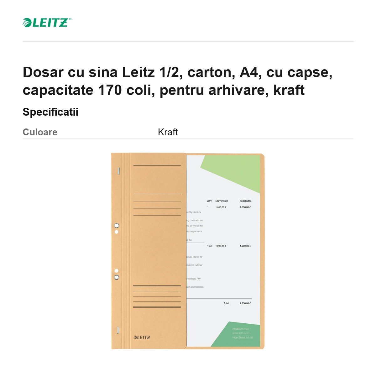 Dosar cu sina Leitz 1/2, carton, A4, cu capse, capacitate 170 coli, pentru arhivare, kraft [3]