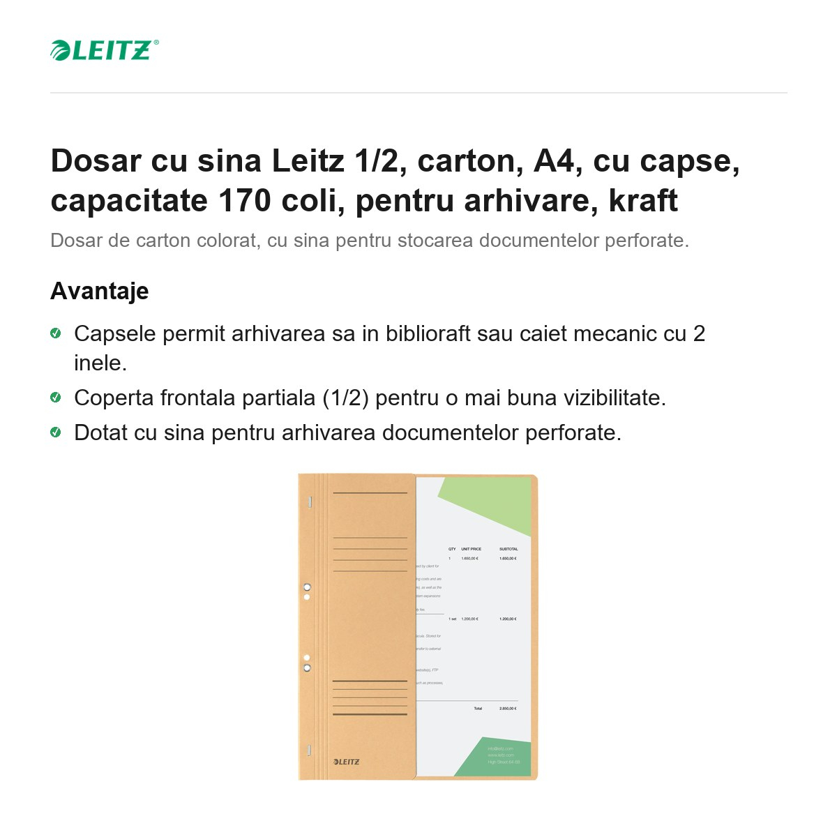 Dosar cu sina Leitz 1/2, carton, A4, cu capse, capacitate 170 coli, pentru arhivare, kraft [2]