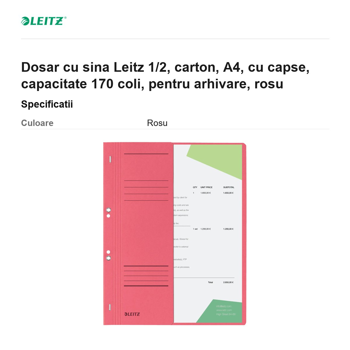Dosar cu sina Leitz 1/2, carton, A4, cu capse, capacitate 170 coli, pentru arhivare, rosu [3]