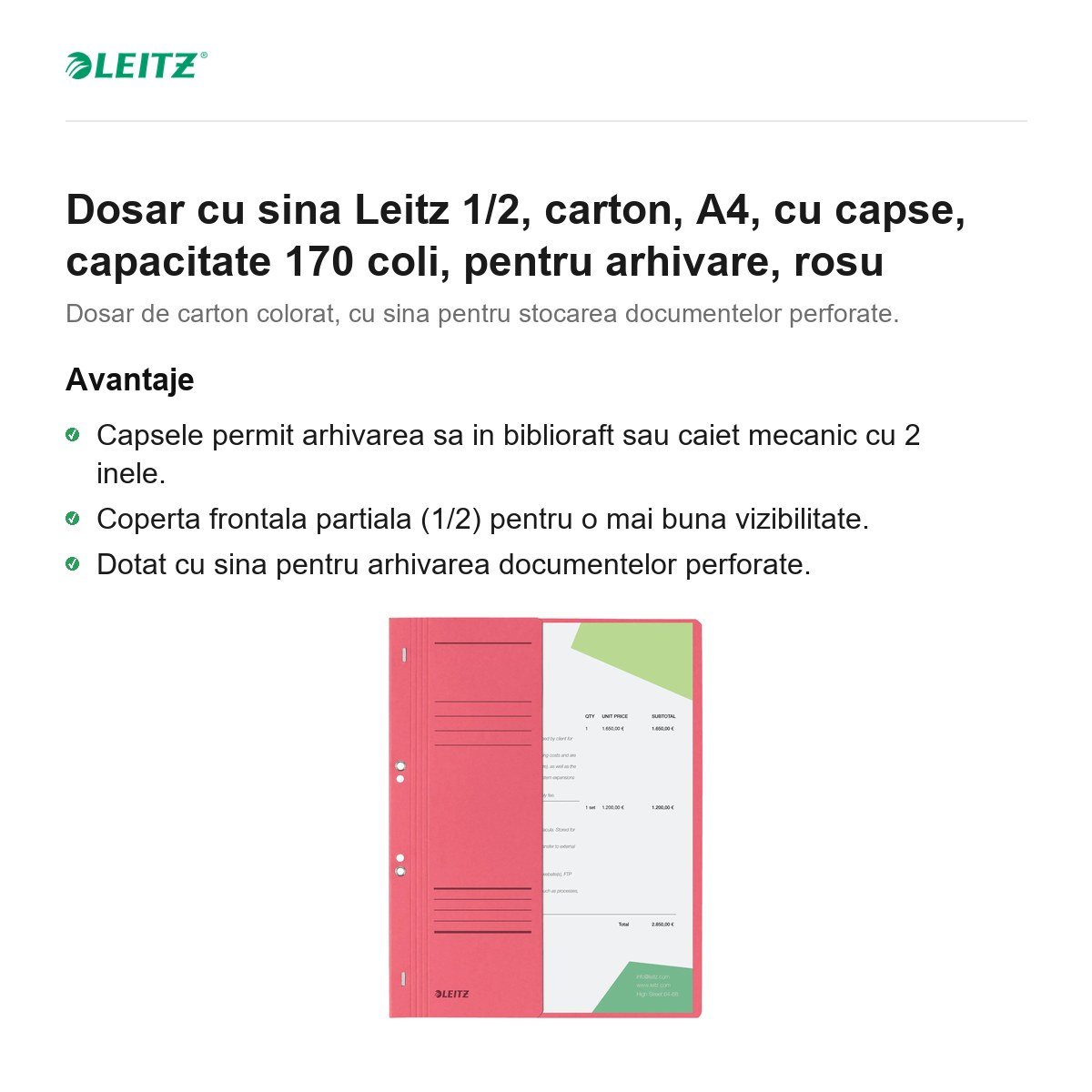 Dosar cu sina Leitz 1/2, carton, A4, cu capse, capacitate 170 coli, pentru arhivare, rosu [2]