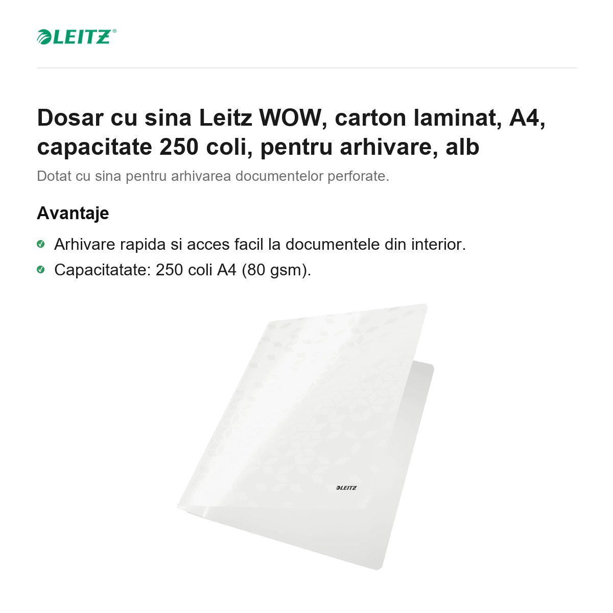 Dosar cu sina Leitz WOW, carton laminat, A4, capacitate 250 coli, pentru arhivare, alb [2]