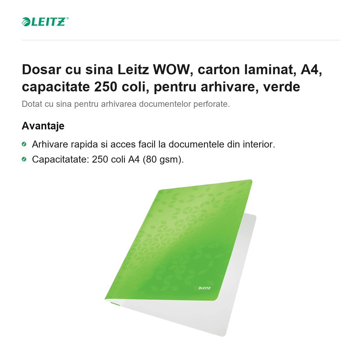 Dosar cu sina Leitz WOW, carton laminat, A4, capacitate 250 coli, pentru arhivare, verde [2]