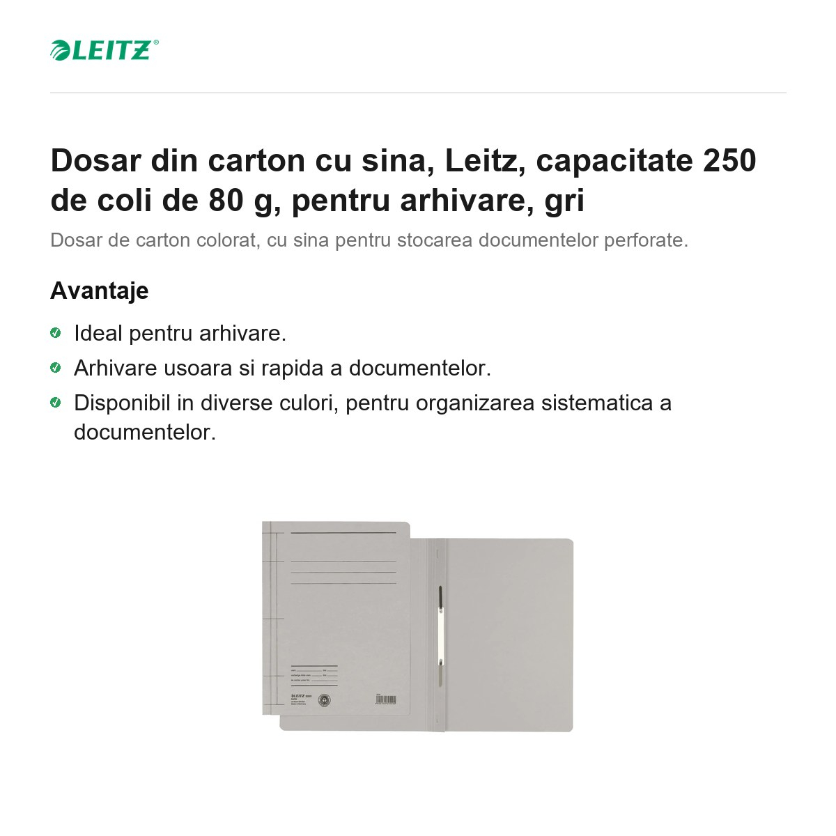 Dosar din carton cu sina, Leitz, capacitate 250 de coli de 80 g, pentru arhivare, gri [2]