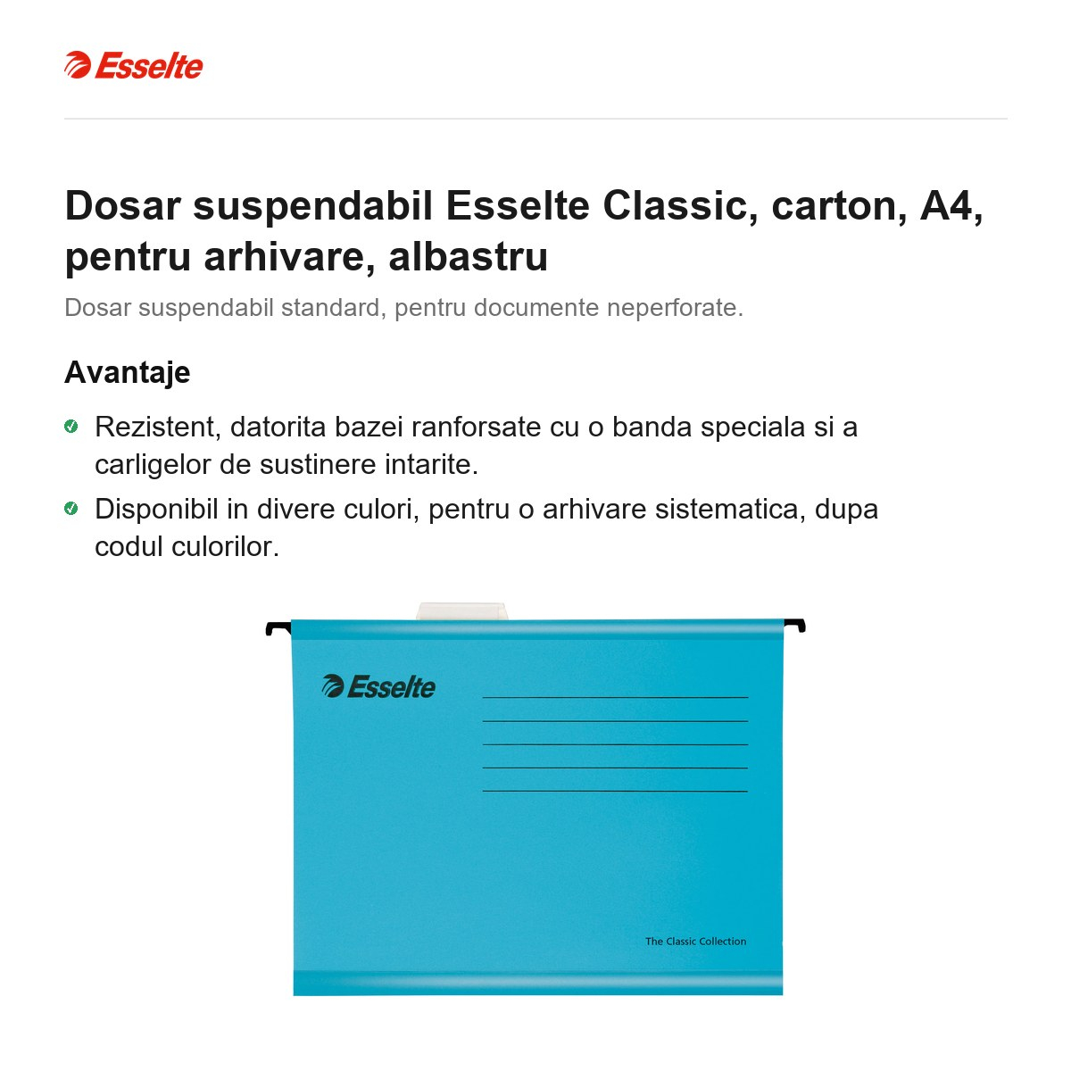 Dosar suspendabil Esselte Classic, carton, A4, pentru arhivare, albastru [2]