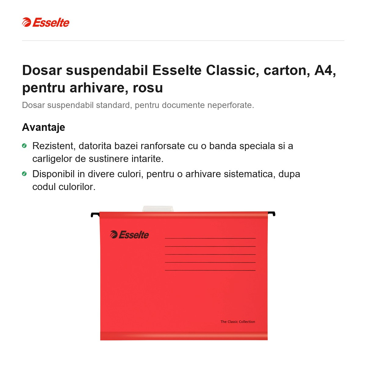 Dosar suspendabil Esselte Classic, carton, A4, pentru arhivare, rosu [2]