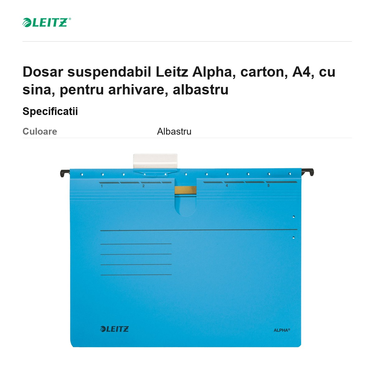 Dosar suspendabil Leitz Alpha, carton, A4, cu sina, pentru arhivare, albastru [3]