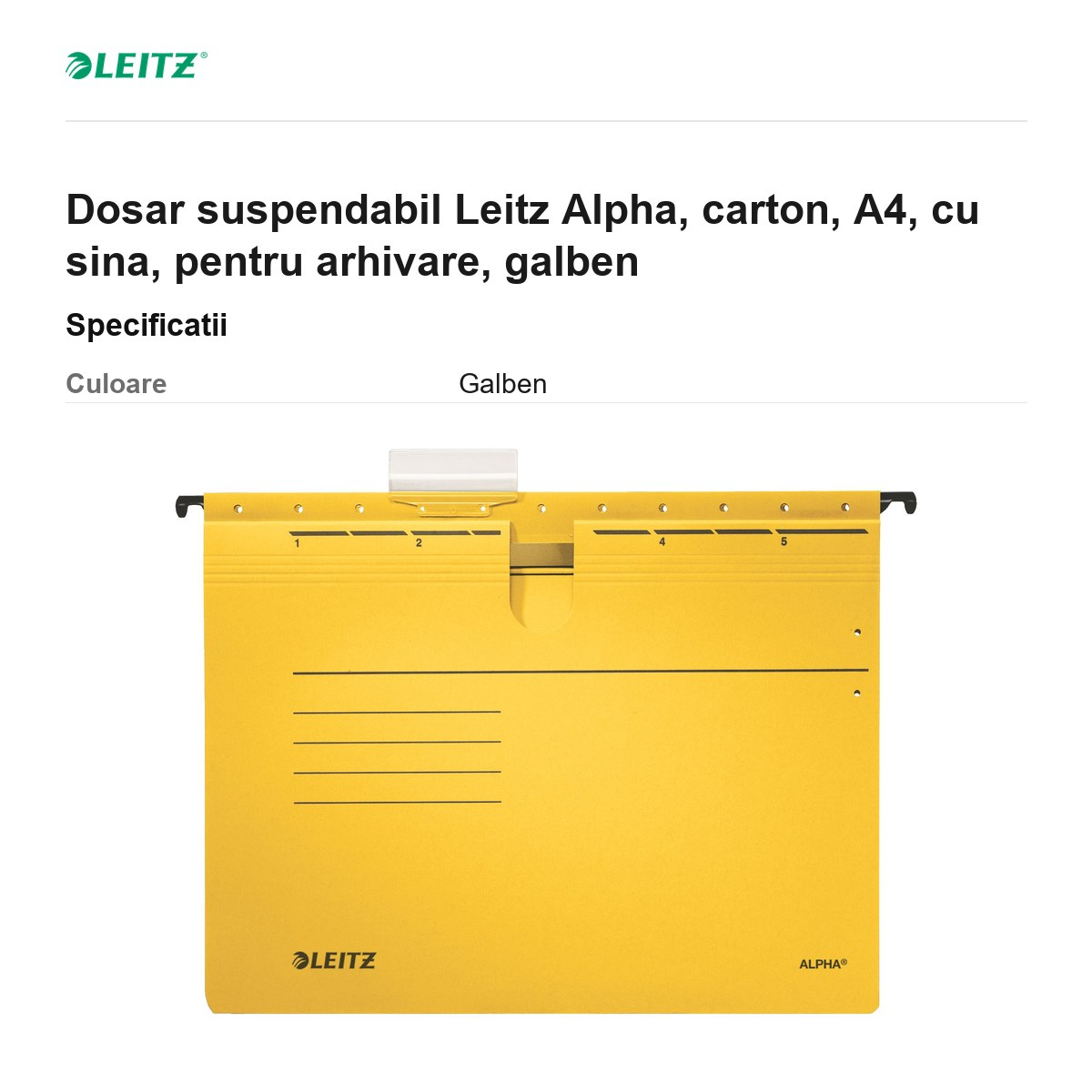 Dosar suspendabil Leitz Alpha, carton, A4, cu sina, pentru arhivare, galben [3]