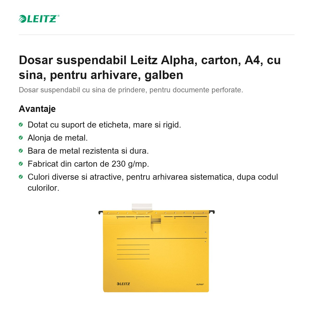 Dosar suspendabil Leitz Alpha, carton, A4, cu sina, pentru arhivare, galben [2]