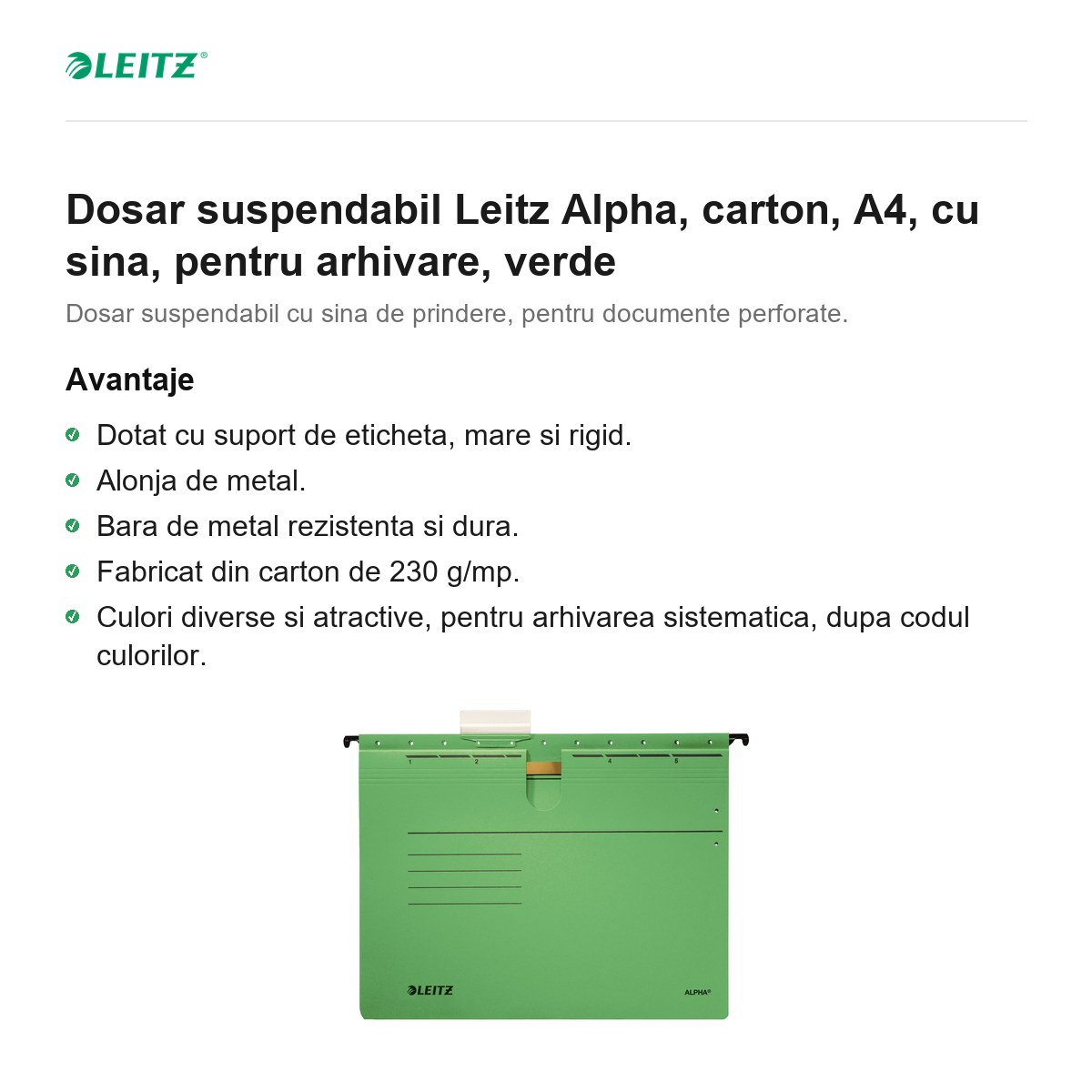 Dosar suspendabil Leitz Alpha, carton, A4, cu sina, pentru arhivare, verde [2]