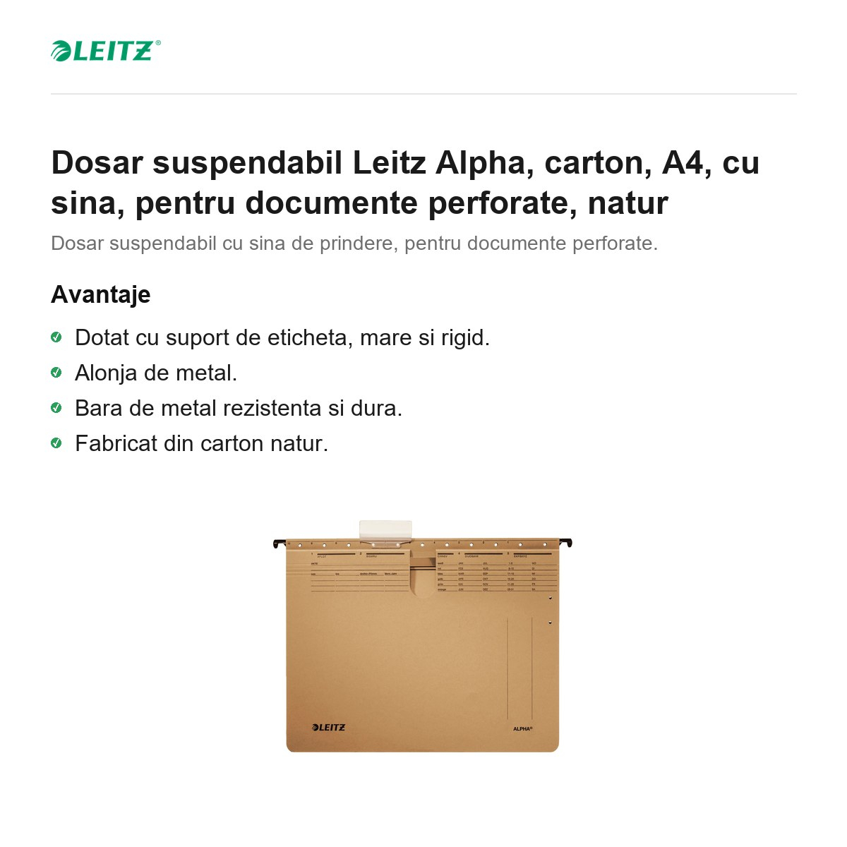 Dosar suspendabil Leitz Alpha, carton, A4, cu sina, pentru documente perforate, natur [2]