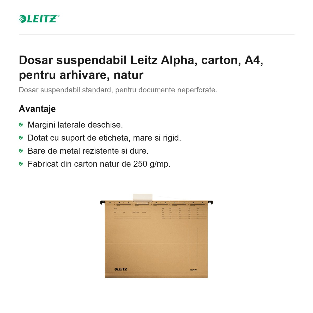 Dosar suspendabil Leitz Alpha, carton, A4, pentru arhivare, natur [2]
