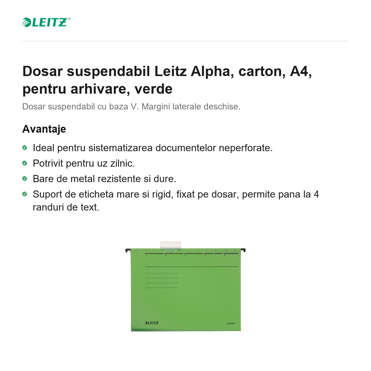 Dosar suspendabil Leitz Alpha, carton, A4, pentru arhivare, verde [2]