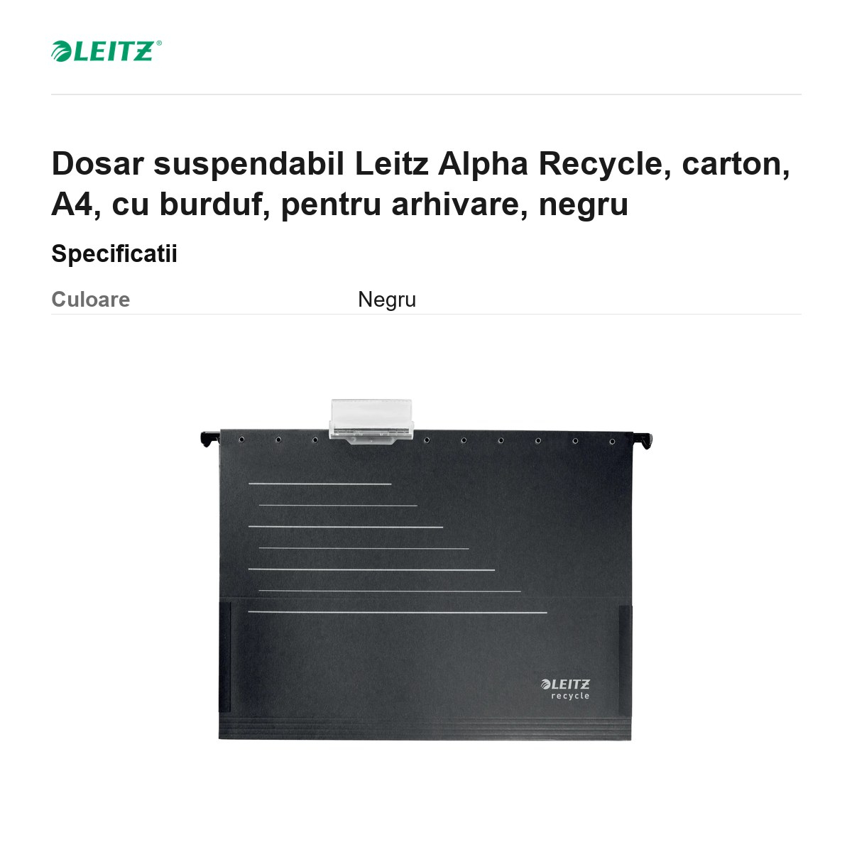 Dosar suspendabil Leitz Alpha Recycle, carton, A4, cu burduf, pentru arhivare, negru [3]