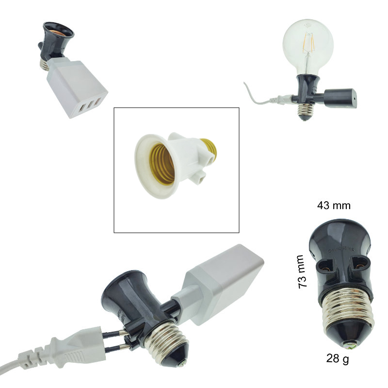 Dulie cu soclu E27 si 2 prize Euro C7, 16A 250V, alba [6]