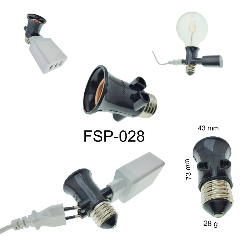 Dulie cu soclu E27 si 2 prize Euro C7, 16A 250V, neagra [6]