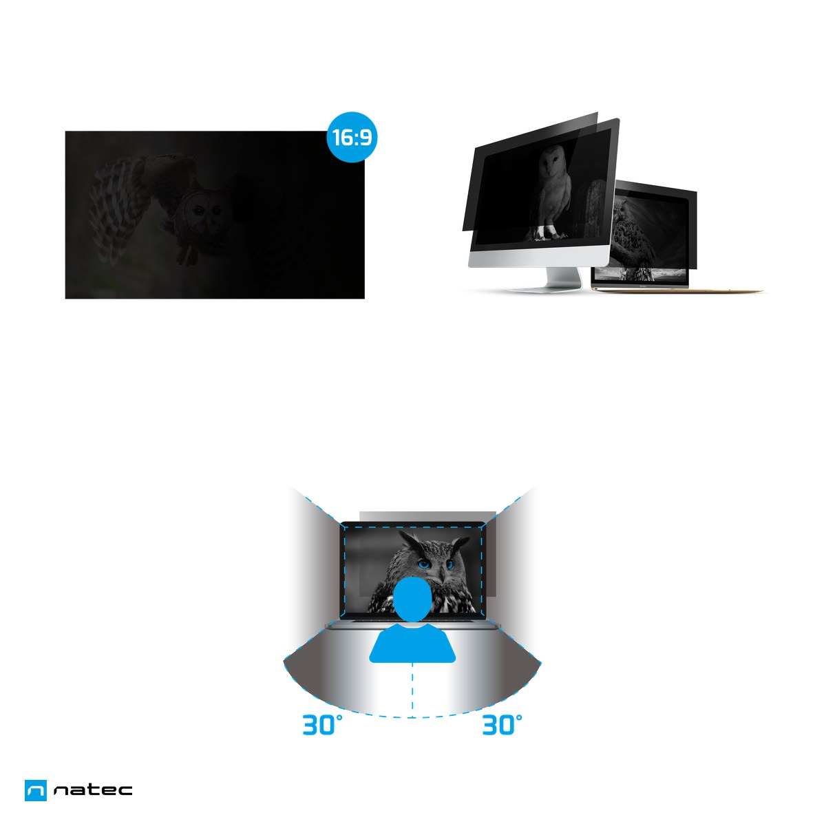 Filtru de confidentialitate Natec OWL pentru monitor 23,8 inch, format 16:9, tehnologie micro-louver, unghi de vizualizare 30 de grade, fata mata si fata lucioasa, transparent, NFP-1477 [4]