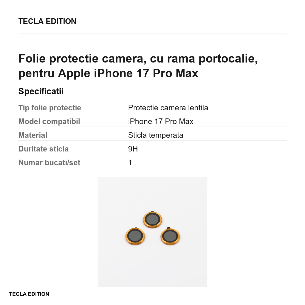 Folie protectie camera, cu rama portocalie, pentru Apple iPhone 17 Pro Max [3]