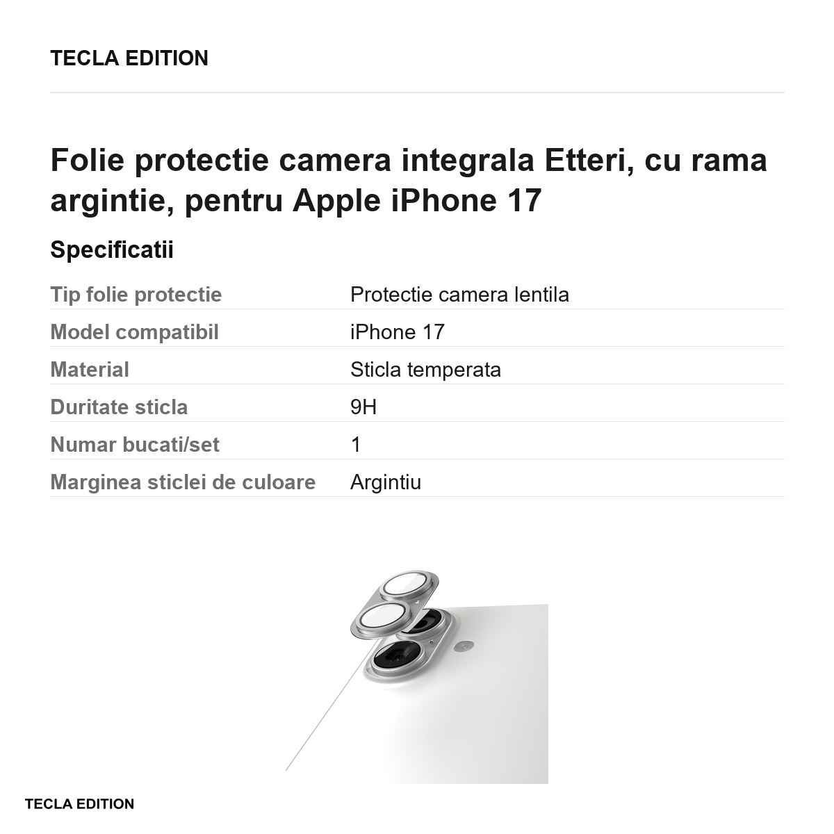 Folie protectie camera integrala Etteri, cu rama argintie, pentru Apple iPhone 17 [3]