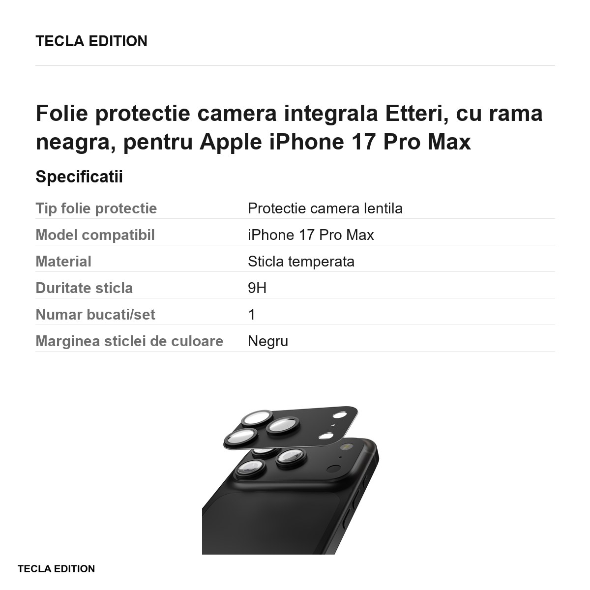 Folie protectie camera integrala Etteri, cu rama neagra, pentru Apple iPhone 17 Pro Max [3]