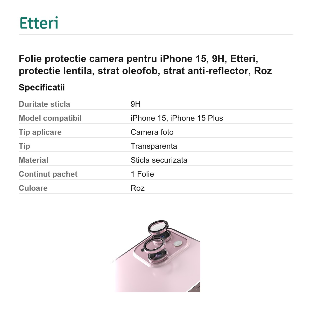 Folie protectie camera pentru iPhone 15, 9H, Etteri, protectie lentila, strat oleofob, strat anti-reflector, Roz [3]